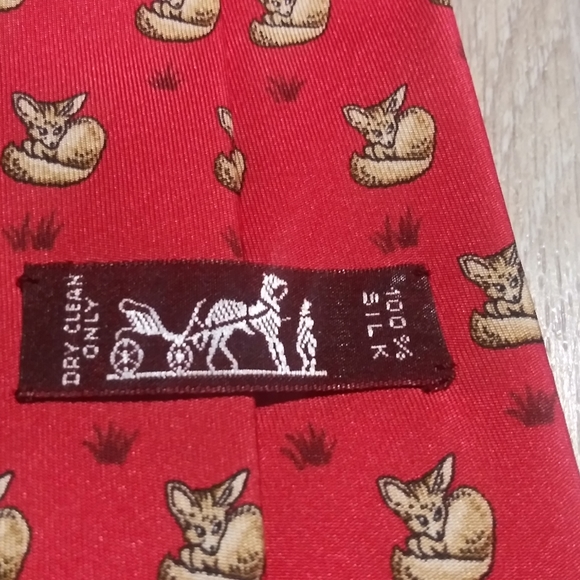 100% Silk Real Hermes Tie  RED w Baby Pups Fox - Picture 4 of 4